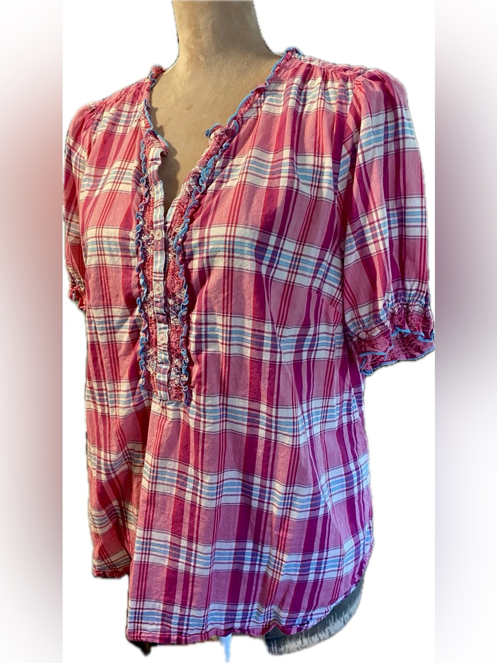 Talbots Pink Plaid Ruffle-Trim Peasant Top - Women's